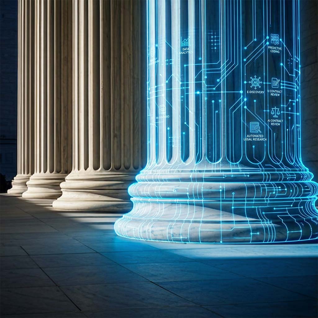 Classical marble columns of a courthouse with dramatic sunlight